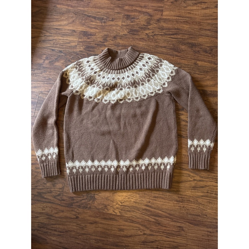 Lands' End Women's Plus Med Brown Beige Fair Isle Knit Crewneck Pullover Sweater